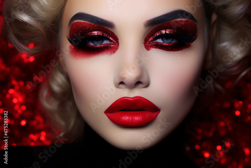 Intense Christmas make-up with strong eyes and lips in red and black, sensual and sultry, woman face