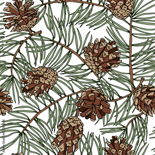 Seamless pattern of pine cones and branches. Vector illustration with contour lines, isolated on a white background.