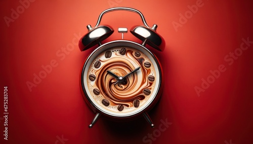 Alarm Clock and Coffee Cup on Red Background