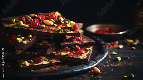 Homemade chocolate bark with goji berries and pistachio