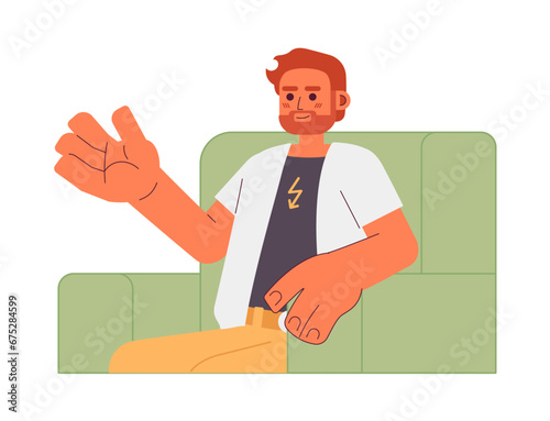 Bearded caucasian man sitting in armchair 2D cartoon character. Discussing conversation adult male isolated vector person white background. Comfortable communication color flat spot illustration