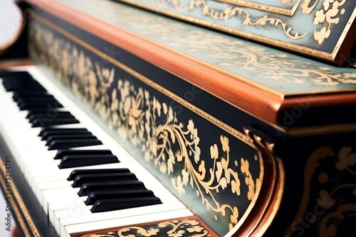 Close-up of a vintage piano harpsichord decorated with patterns on a white background. Generative AI photo