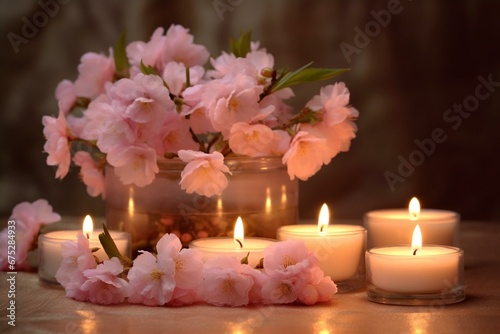 A picture of a tranquil arrangement with blossoms and lit candles. Generative AI