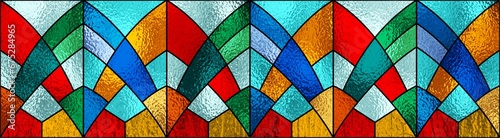 Stained glass window. Seamless geometric colorful pattern. Abstract modern stained glass Art Deco decor for luxury design interior. Multicolor stained glass background. 3D optical illusion.