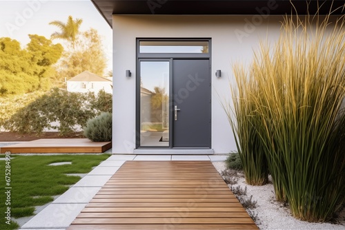 stylish suburban home entrance featuring a pot of grass and a wooden path in front of the front door photo
