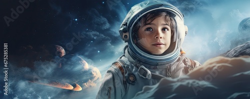 Young astronaut in space. Banner with empty copy space.