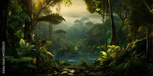 A beautiful fairytale enchanted forest with big trees and great vegetation digital painting background, Beautiful waterfall river in dark green tropical forests fantasy fackrop , generative AI