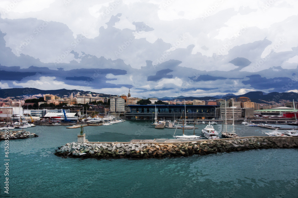 Part of Genoa- in cloudy weather - city on hills