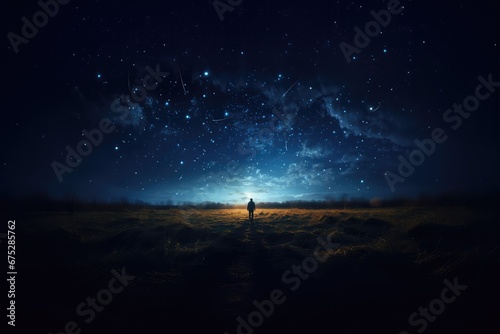 Silhouette standing at night with starry sky and Milky Way photo