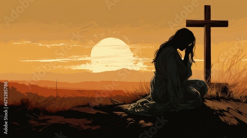 Silhouette of a woman sitting on the grass praying in front of a cross at sunset photo