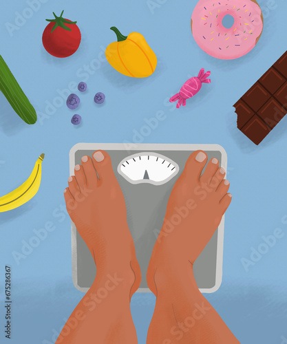 POV view from above barefoot woman standing on weight scale surrounded by unhealthy and healthy food
