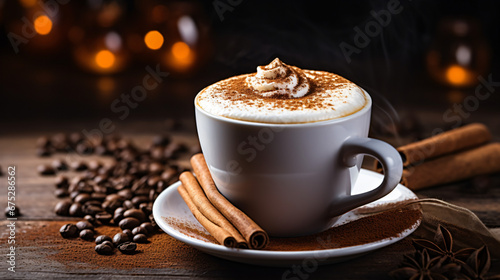 Hot coffee cappuccino mug with cinnamon powder spring
