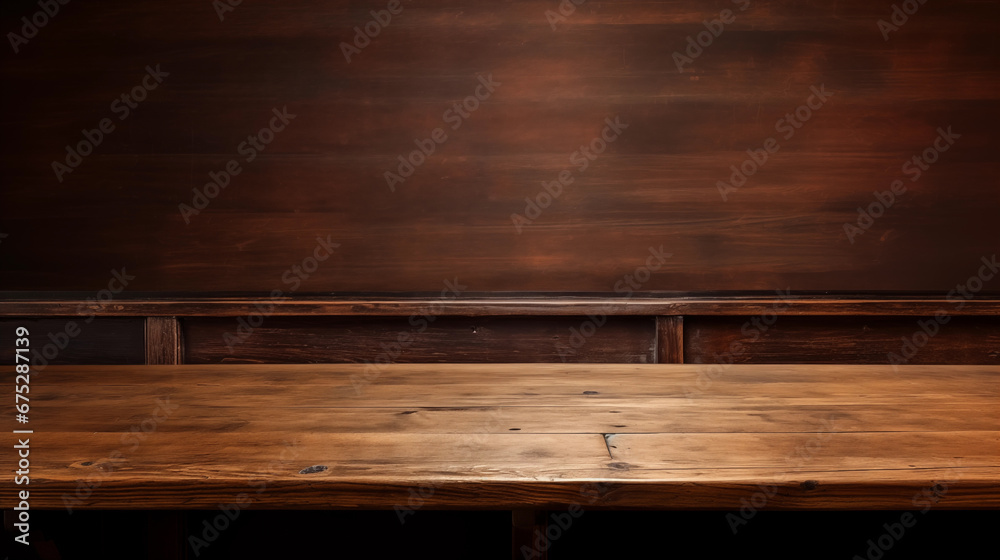 An empty wooden counter table for product display in a pub An empty wooden counter table for product display in a pub