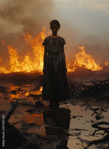 A dramatic photo depicting a girl standing in mud in front of a large fire scene, reminiscent of biblical stories