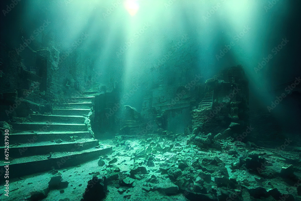 Whispers of an ancient civilization. Exploring the submerged ruins of a forgotten city beneath the azure waters