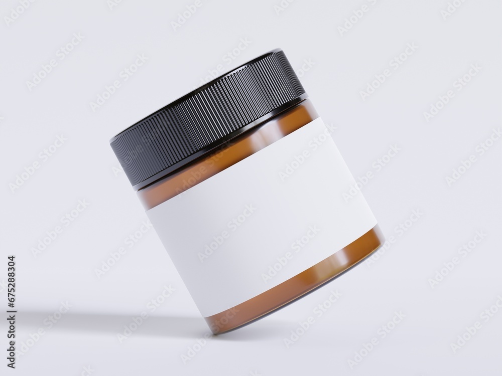 Amber Glass Cosmetic Jar with a realistic texture blank Label white color rendering 3D software illustration, brown jar color and black cap Amber Glass Cosmetic Jar with a realistic texture blank Label white color rendering 3D software illustration, brown jar color and black cap