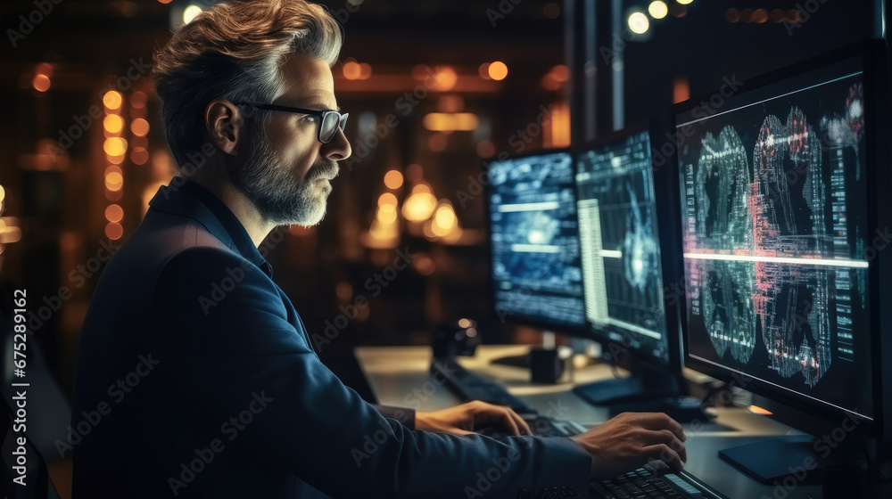 Mature businessman is analyzing data on big computer monitors in Infrastructure Control Room.