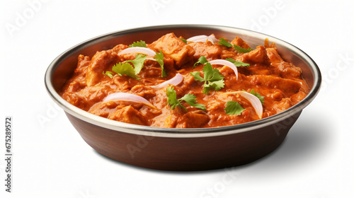 Indian butter chicken curry in Balti dish isolated on white background