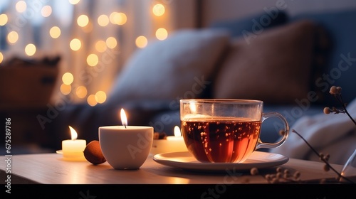 Hot tea with candles on the Christmas table, Winter hot drink.