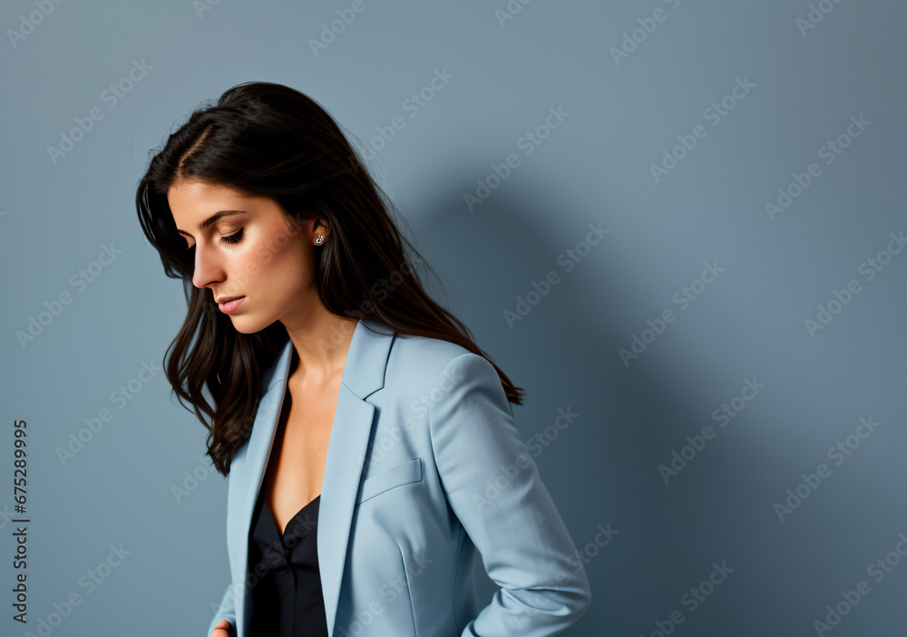 Fototapeta premium Closeup portrait of a brunette woman in blue suit