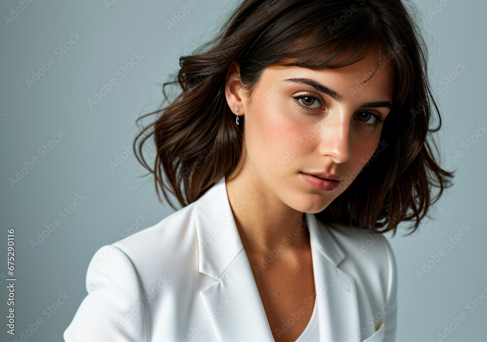 Closeup portrait of a brunette woman in white suit Closeup portrait of a brunette woman in white suit