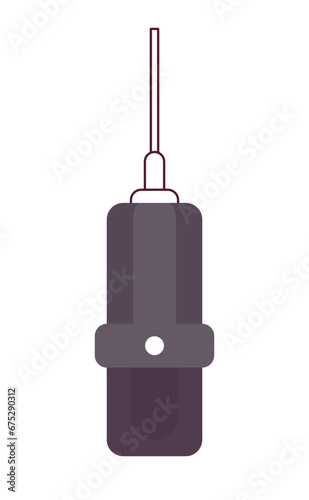 Microphone hanging 2D cartoon object. Vocal performance recording. Podcast audio equipment isolated vector item white background. Announcement message technology color flat spot illustration