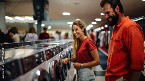 Young couple choosing washing machine in the store. Man and woman shopping together.