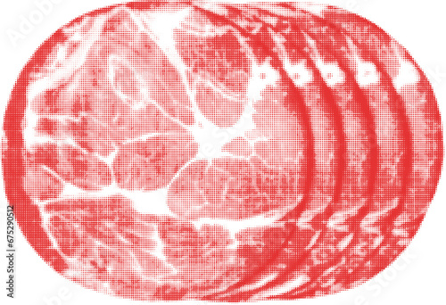 Ham, sliced into round pieces, isolated, from circle dots of different sizes on white background