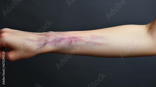 Wound bruise on the arm of a young girl on a dark background.