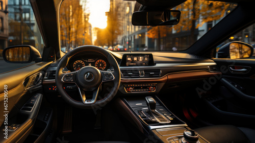 View from the driver's seat of a modern car interior in the city. photo
