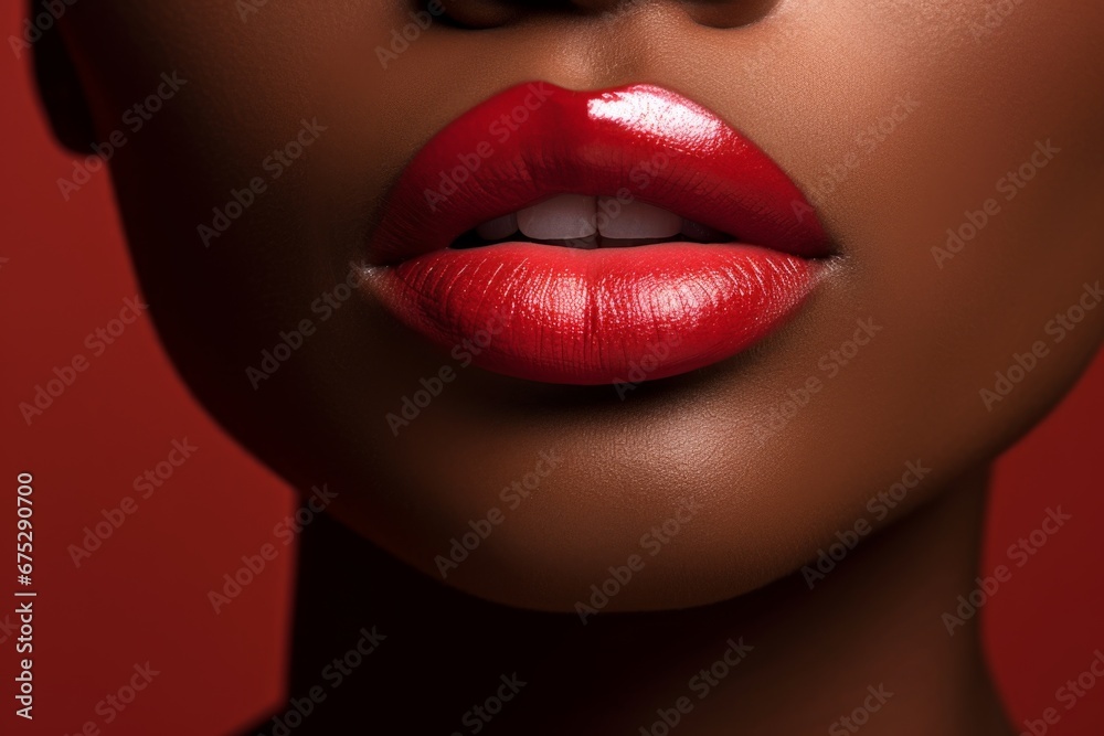 Fototapeta premium Beautiful African American girl with attractive red lips. Smiling beautiful afro girl. Beauty concept