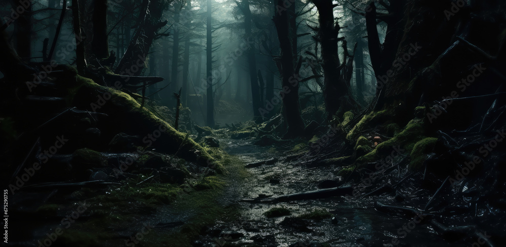 Fototapeta premium Dense forest with bushes at night.