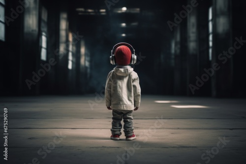 a little boy in headphones listening to music on a gray background