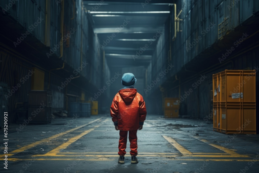 Obraz premium A boy in an orange uniform is a courier in a warehouse