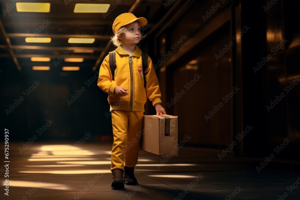 Obraz premium A boy in the uniform of a courier with a parcel in his hands in a warehouse