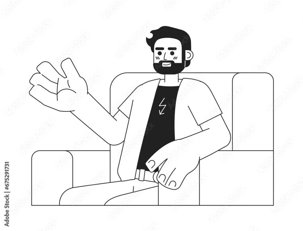 Bearded caucasian man sitting in armchair black and white 2D cartoon character. Discussing adult male isolated vector outline person. Comfortable communication monochromatic flat spot illustration Bearded caucasian man sitting in armchair black and white 2D cartoon character. Discussing adult male isolated vector outline person. Comfortable communication monochromatic flat spot illustration