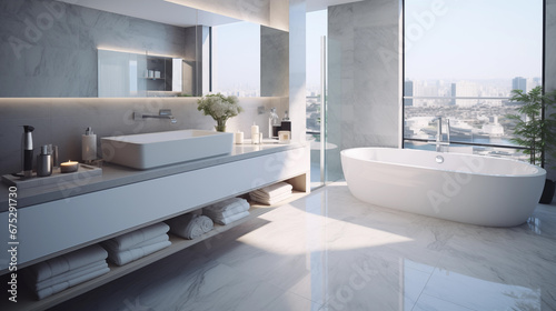 Light, elegant, modern bathroom interior with large windows.
