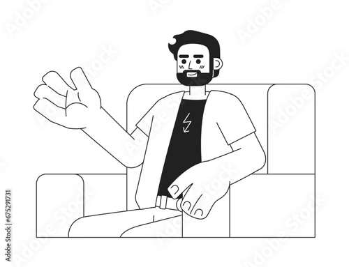 Bearded caucasian man sitting in armchair black and white 2D cartoon character. Discussing adult male isolated vector outline person. Comfortable communication monochromatic flat spot illustration