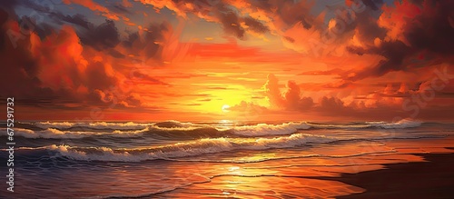 The stunning orange sunset created a beautiful silhouette against the backdrop of the mesmerizing beach with the gentle waves crashing onto the shore and the clouds painting a picturesque l