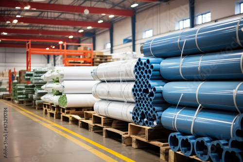 many size of blue pvc pipe line stacked in home building and material high roof warehouse at local department store, basic equipment for farming irrigation or greenhouse hydroponics farm system.