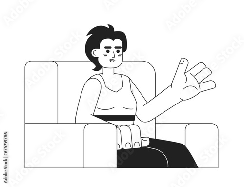 Armchair woman asian young adult black and white 2D cartoon character. Korean female communicating isolated vector outline person. Explaining woman interviewer monochromatic flat spot illustration