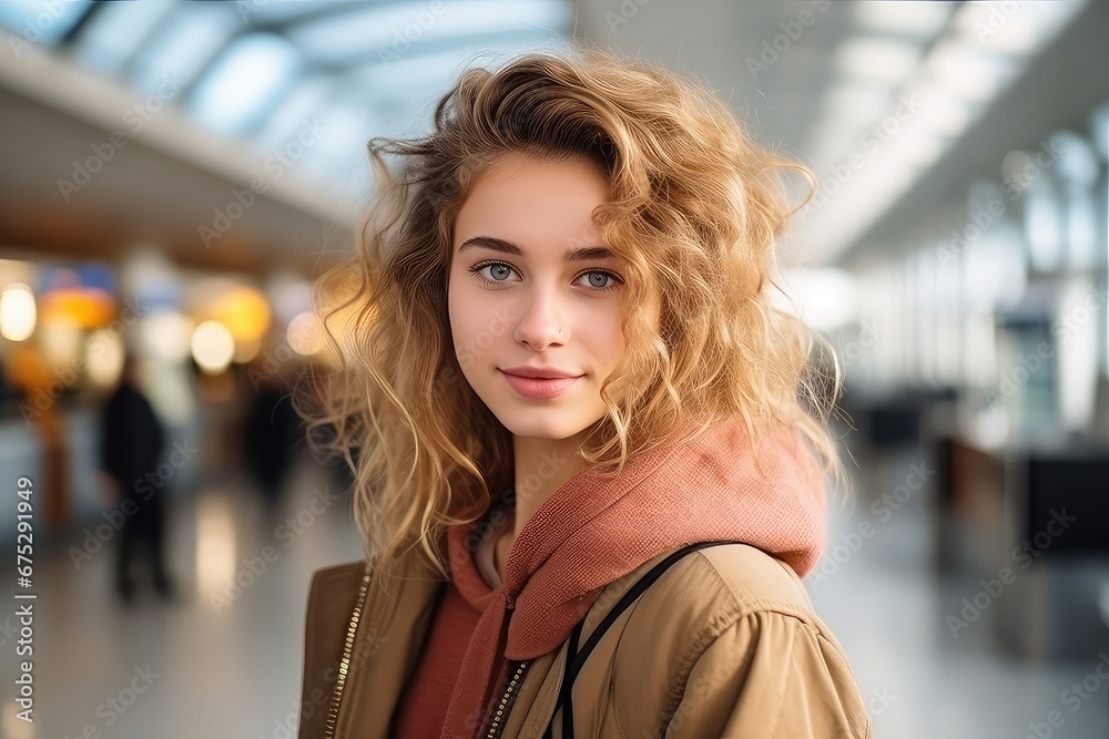 Fototapeta premium Młoda dziewczyna w podróży na lotnisku. 