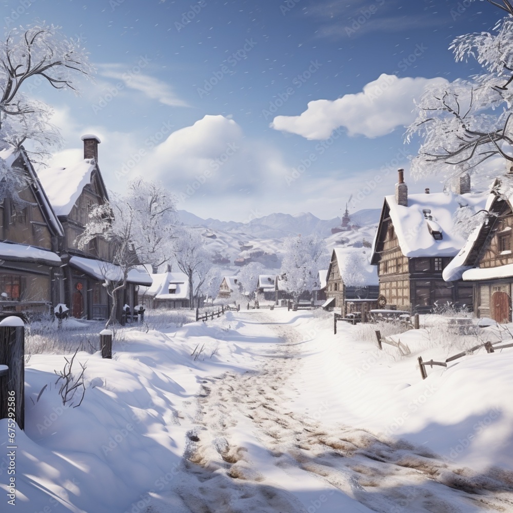 Obraz premium A village covered in white snow. Generative AI