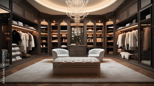 A designer walk-in closet with organized shelving  Elegant lighting and luxury finishes.