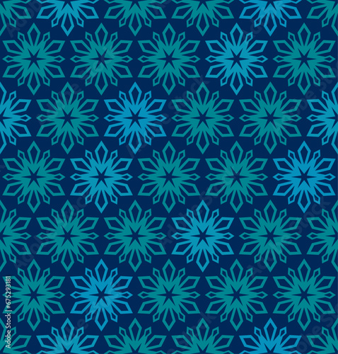 Blue background with stars. Seamless pattern with snowfkakes. Minimalist print with geometric shapes. Winter background classic style in blue green colors. Vintage Christmas mood.