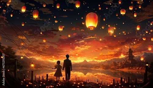 Ojciec z córką oglądający latające lampiony na nocnym niebie. 
