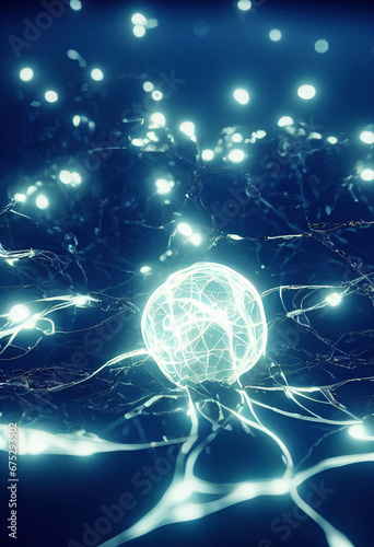 Neural sparkles. Monochromatic glowing lights and lanterns in a blue space