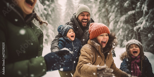 Kids and parents laughing during snowball fight in the forest © Enrique