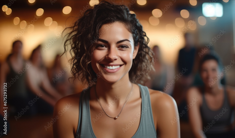 Woman smiling in yoga class at gym with people around her.