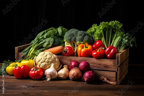 Wooden box full of different types of fresh vegetables on black background